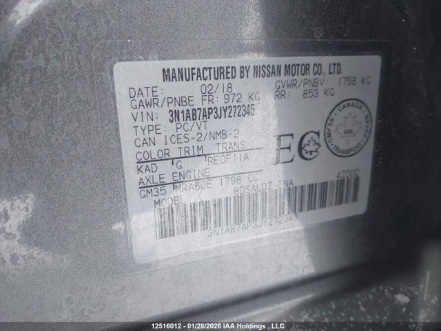 3N1AB7AP3JY272345 Nissan Sentra S/sv/sr/sl