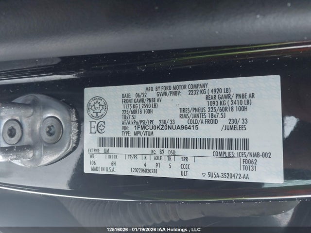 1FMCU0KZ0NUA96415 Ford ESCAPE SEL