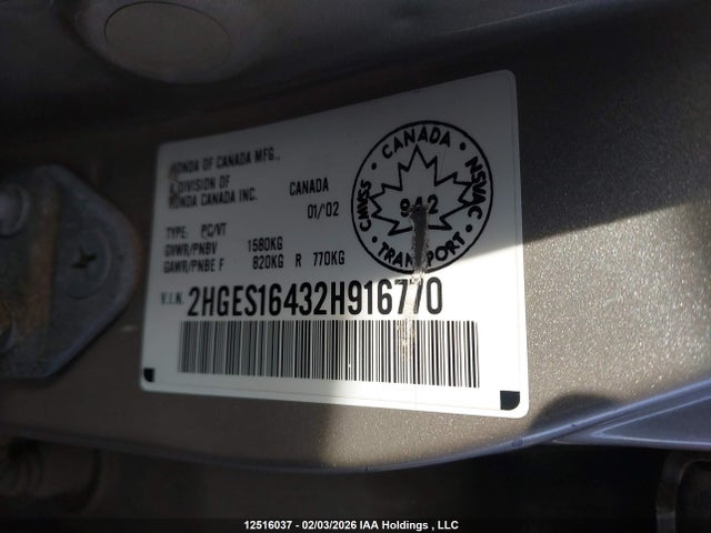 2002 Honda Civic Dx/dx-g მანქანა იყიდება აუქციონზე, vin: 2HGES16432H916770, აუქციონის ნომერი: 12516037