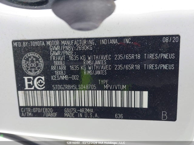 2020 Toyota Highlander Xle მანქანა იყიდება აუქციონზე, vin: 5TDGZRBH5LS048705, აუქციონის ნომერი: 12516050