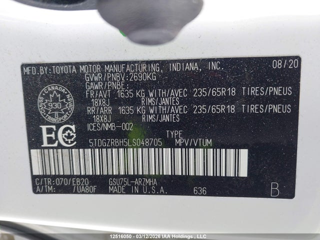 2020 Toyota Highlander Xle მანქანა იყიდება აუქციონზე, vin: 5TDGZRBH5LS048705, აუქციონის ნომერი: 12516050