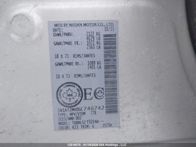 5N1AT2MV0GC746742 Nissan Rogue S/sl/sv