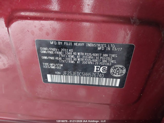 Продажа на аукционе авто 2017 Subaru Forester 2.5i Convenience, vin: JF2SJEDC5HH576740, номер лота: 12516078