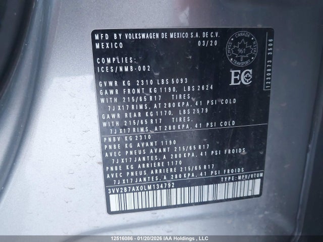 3VV2B7AX0LM134792 Volkswagen Tiguan Comfortline/iq Drive