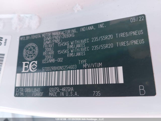 5TDDZRBH0NS254603 Toyota Highlander Limited