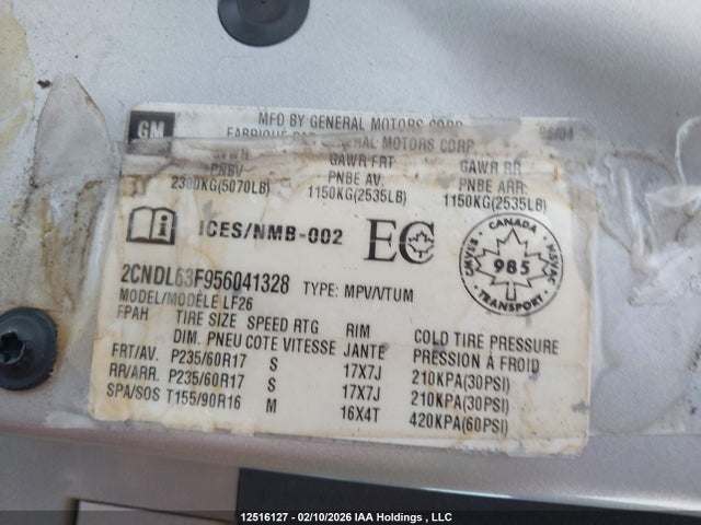 2005 Chevrolet Equinox Lt მანქანა იყიდება აუქციონზე, vin: 2CNDL63F956041328, აუქციონის ნომერი: 12516127