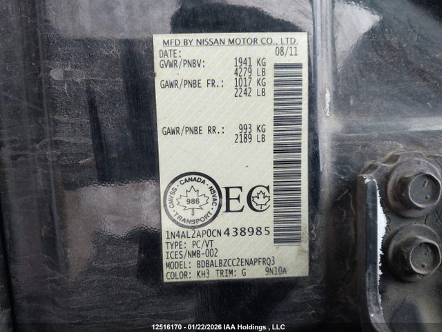 12516170 :رقم المزاد ، 1N4AL2AP0CN438985 vin ، 2012 Nissan Altima S مزاد بيع