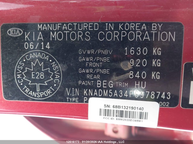 12516173 :رقم المزاد ، KNADM5A34F6978743 vin ، 2015 Kia Rio مزاد بيع
