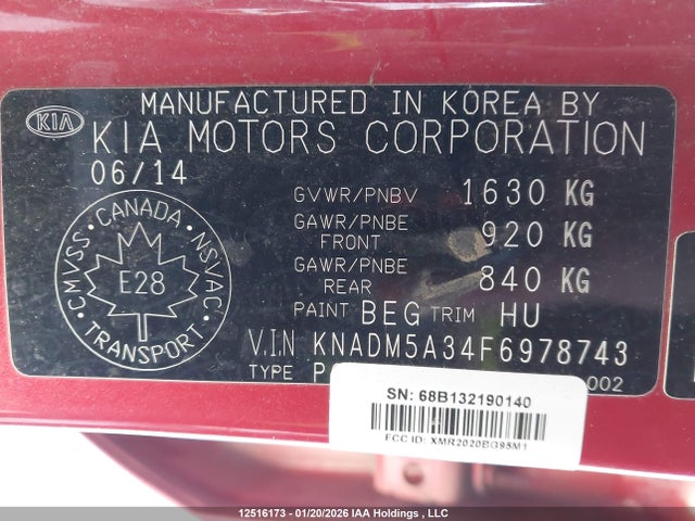 12516173 :رقم المزاد ، KNADM5A34F6978743 vin ، 2015 Kia Rio مزاد بيع