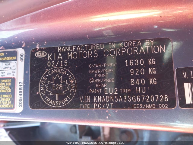 KNADN5A33G6720728 KIA Rio Ex/sx
