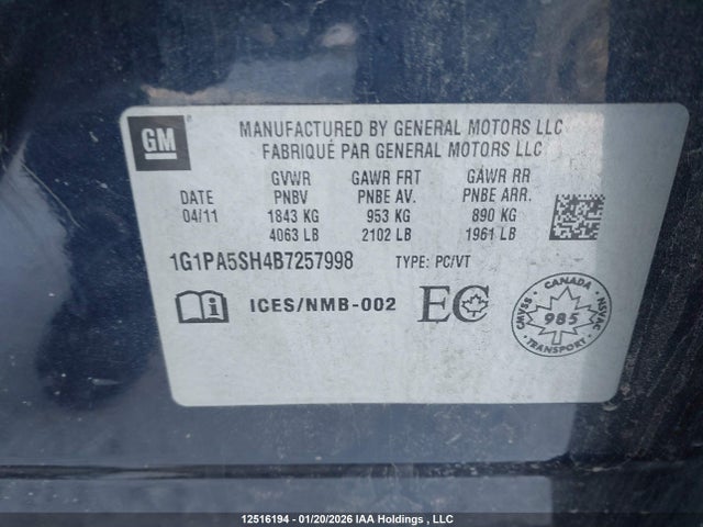 12516194 :رقم المزاد ، 1G1PA5SH4B7257998 vin ، 2011 Chevrolet Cruze مزاد بيع