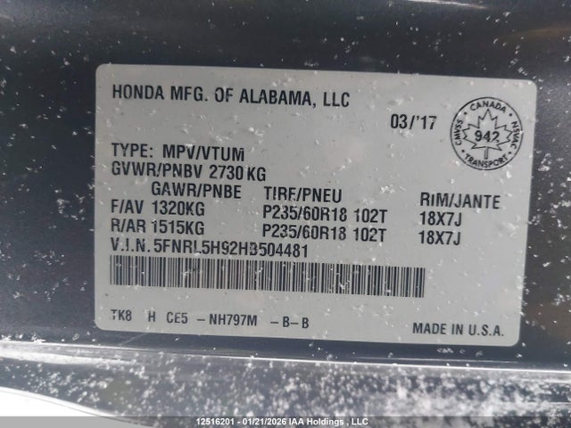 5FNRL5H92HB504481 Honda Odyssey Touring/touring Elite
