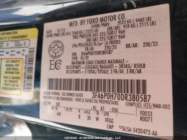 Продажа на аукционе авто 2013 Ford Fusion, vin: 3FA6P0H70DR380587, номер лота: 12516242