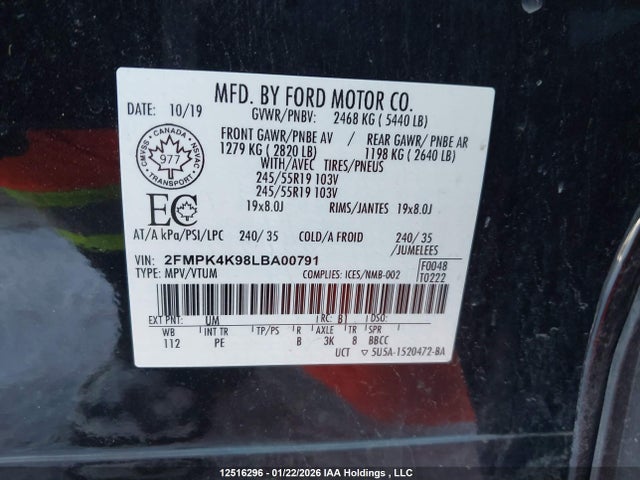 2020 Ford Edge Titanium მანქანა იყიდება აუქციონზე, vin: 2FMPK4K98LBA00791, აუქციონის ნომერი: 12516296