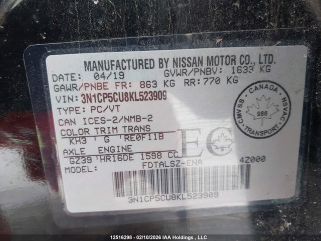 3N1CP5CU8KL523909 Nissan Kicks S/sr/sv