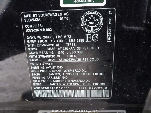 WVGDF9BP4GD011306 Volkswagen Touareg 3.6l Execline/3.6l Highline