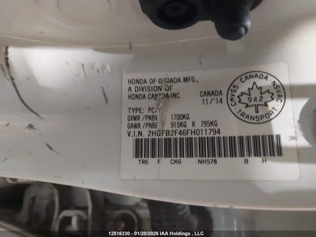 Продаж на аукціоні авто 2015 Honda Civic Lx, vin: 2HGFB2F46FH011794, номер лоту: 12516330