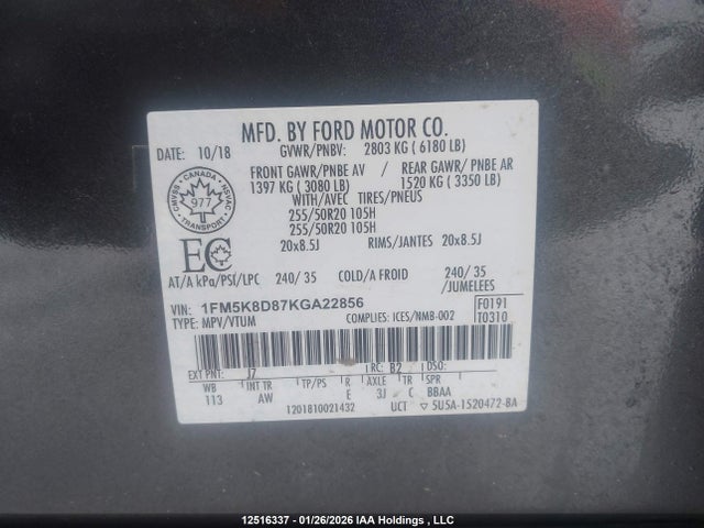 1FM5K8D87KGA22856 Ford EXPLORER XLT