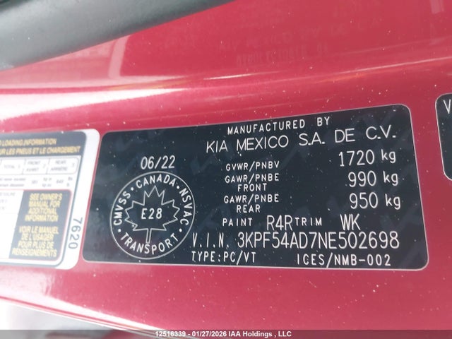 3KPF54AD7NE502698 KIA Forte Ex/ex Premium/gt-line
