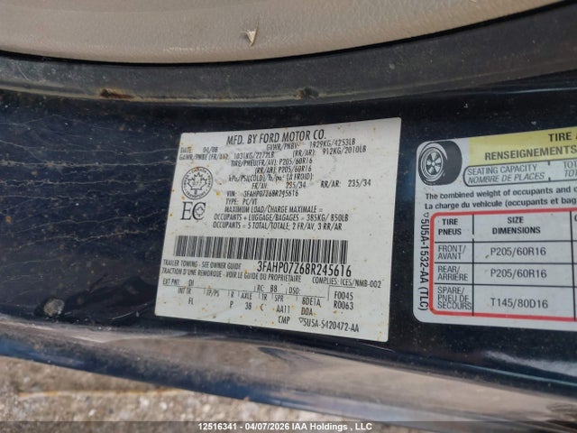 12516341 :رقم المزاد ، 3FAHP07Z68R245616 vin ، 2008 Ford Fusion Se مزاد بيع