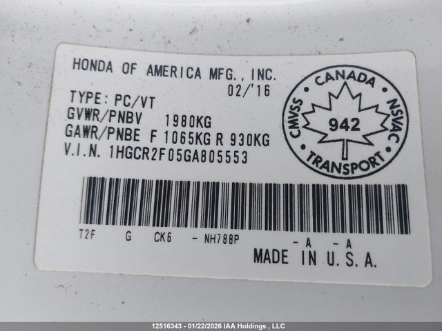 1HGCR2F05GA805553 Honda Accord