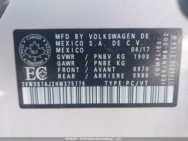 12516347 :رقم المزاد ، 3VWDB7AJ2HM375776 vin ، 2017 Volkswagen Jetta Wolfsburg Edition مزاد بيع