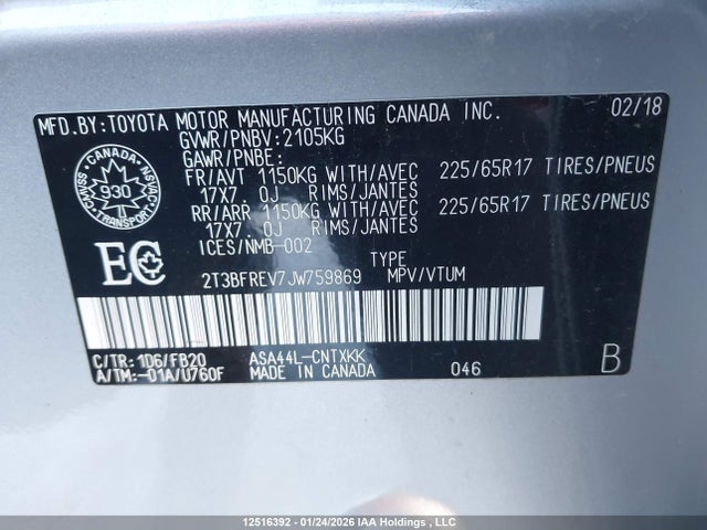 12516392 :رقم المزاد ، 2T3BFREV7JW759869 vin ، 2018 Toyota Rav4 Le مزاد بيع
