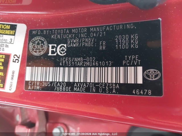 4T1S11AK2MU461013 Toyota CAMRY SE