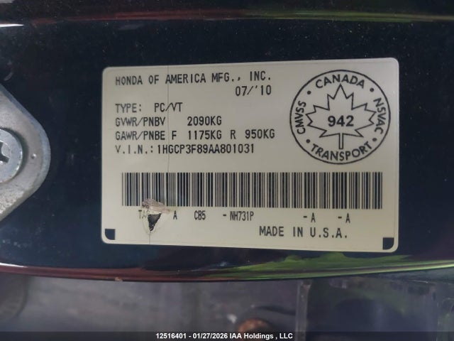 Продаж на аукціоні авто 2010 Honda Accord Ex-l V6, vin: 1HGCP3F89AA801031, номер лоту: 12516401