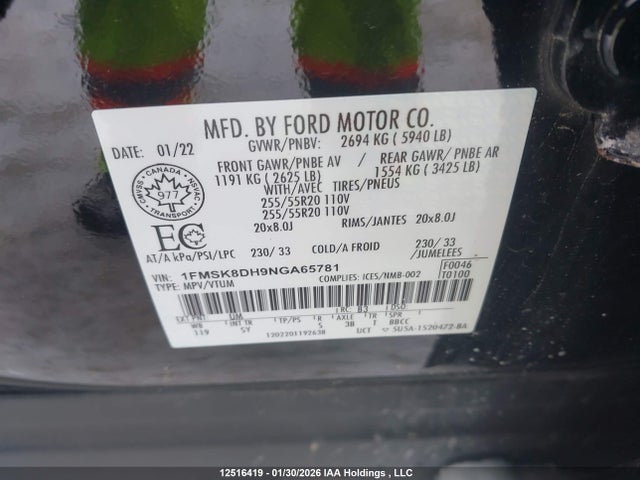1FMSK8DH9NGA65781 Ford EXPLORER XLT