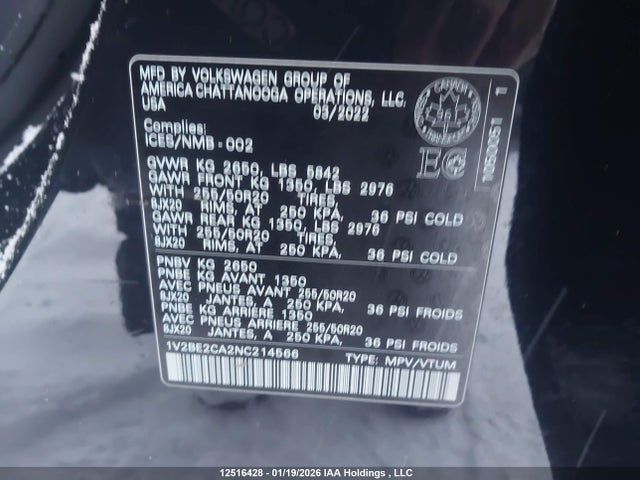 1V2BE2CA2NC214566 Volkswagen Atlas Cross Sport 3.6 Fsi Highline