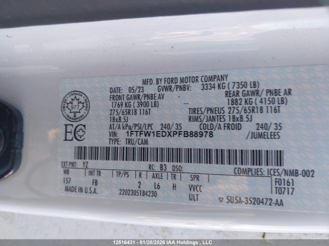 Aukcja sprzedaży 2023 Ford F-150 Xlt, vin: 1FTFW1EDXPFB88978, numer aukcji: 12516431