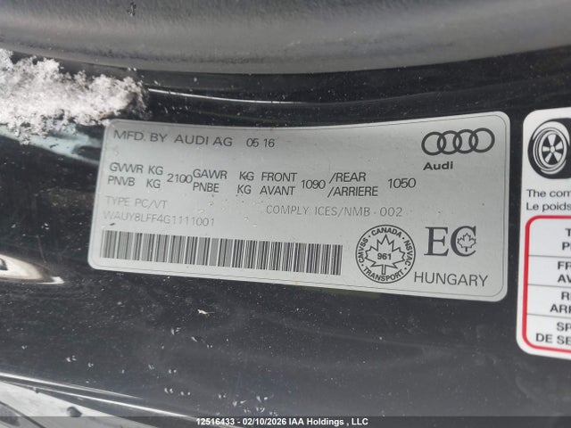 12516433 :رقم المزاد ، WAUY8LFF4G1111001 vin ، 2016 Audi A3 Premium Plus S-line مزاد بيع