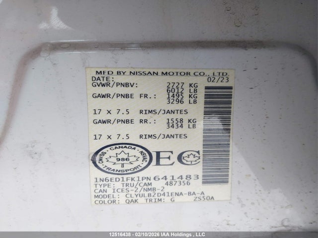 1N6ED1FK1PN641483 Nissan Frontier Sv