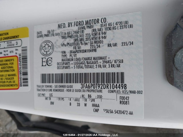 Aukcja sprzedaży 2013 Ford Fusion Se, vin: 3FA6P0T92DR104498, numer aukcji: 12516464