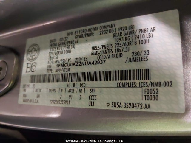 1FMCU0KZ2NUA42937 Ford Escape Phev Sel