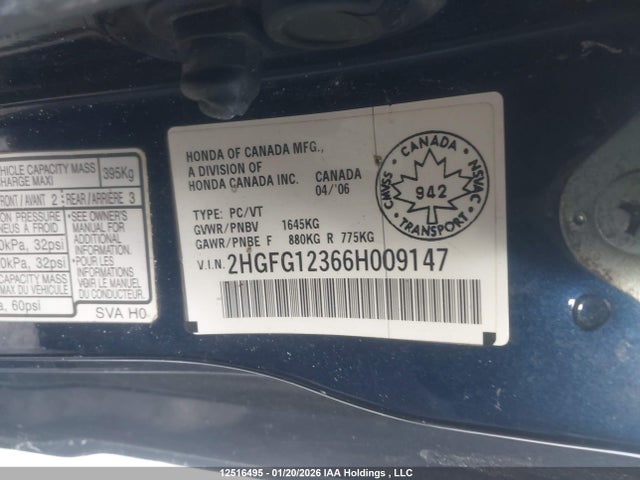 Aukcja sprzedaży 2006 Honda Civic Dx-g, vin: 2HGFG12366H009147, numer aukcji: 12516495