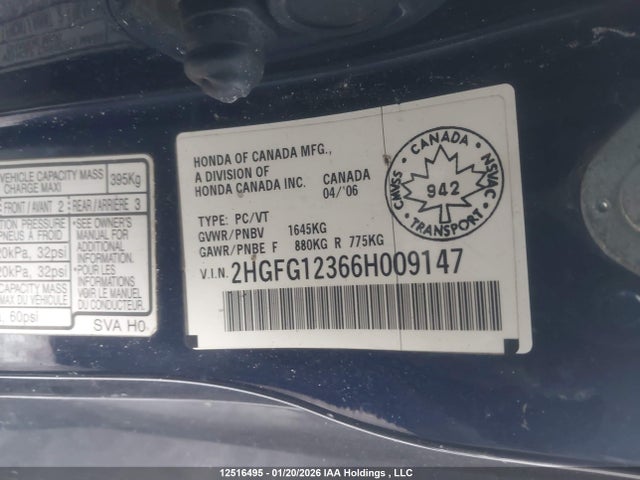 Aukcja sprzedaży 2006 Honda Civic Dx-g, vin: 2HGFG12366H009147, numer aukcji: 12516495