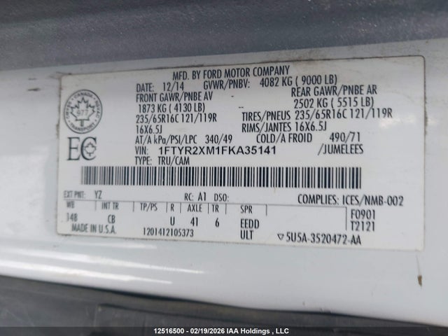 Продаж на аукціоні авто 2015 Ford Transit-250, vin: 1FTYR2XM1FKA35141, номер лоту: 12516500