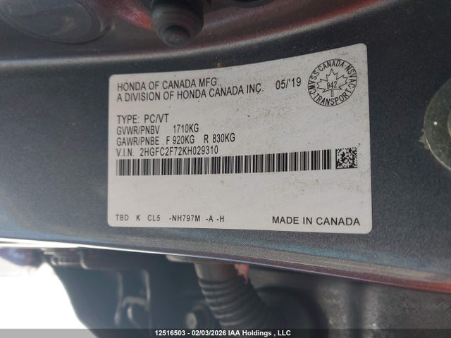 12516503 :رقم المزاد ، 2HGFC2F72KH029310 vin ، 2019 Honda Civic Ex 4dr مزاد بيع
