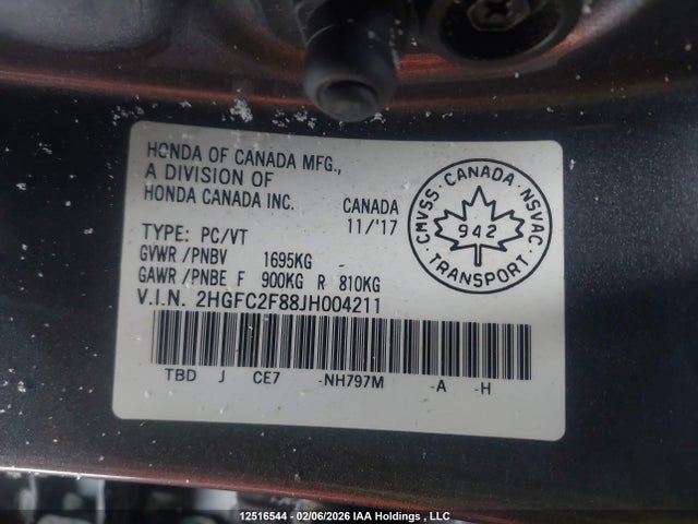 2HGFC2F88JH004211 Honda Civic Ex 4dr