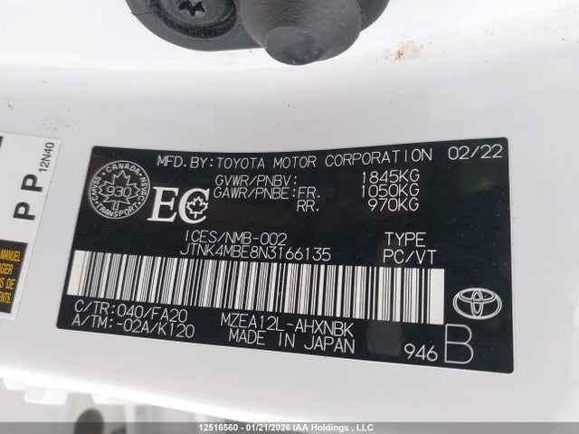 JTNK4MBE8N3166135 Toyota Corolla