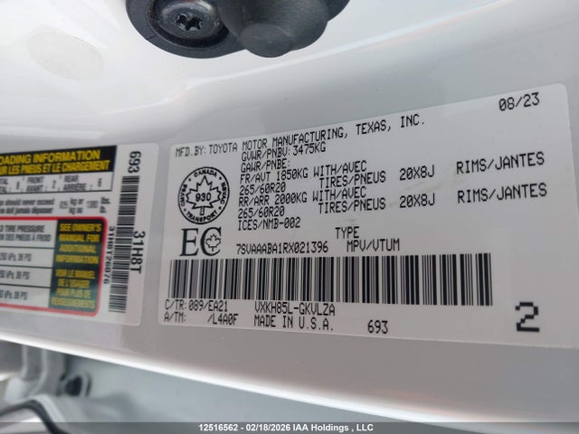 12516562 :رقم المزاد ، 7SVAAABA1RX021396 vin ، 2024 Toyota Sequoia Sr5/ltd/platinum/capstone/trd Pro مزاد بيع