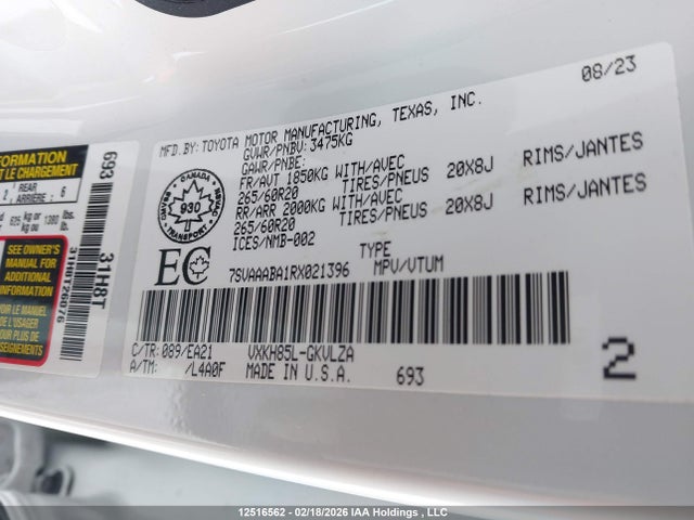 12516562 :رقم المزاد ، 7SVAAABA1RX021396 vin ، 2024 Toyota Sequoia Sr5/ltd/platinum/capstone/trd Pro مزاد بيع