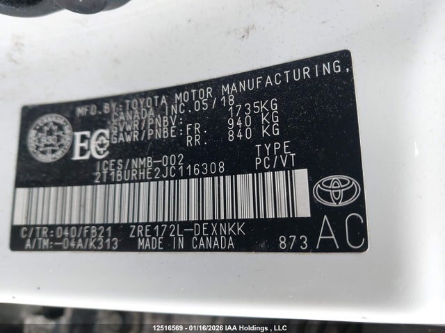 2T1BURHE2JC116308 Toyota Corolla L/le/xle/se/xse