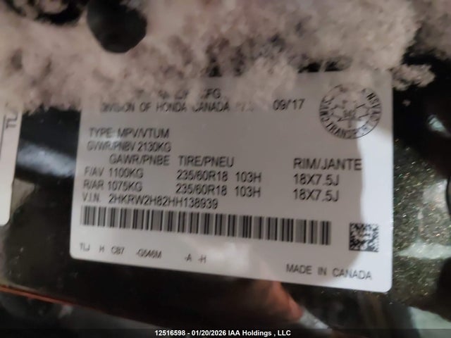 12516598 :رقم المزاد ، 2HKRW2H82HH138939 vin ، 2017 Honda Cr-v Ex-l مزاد بيع