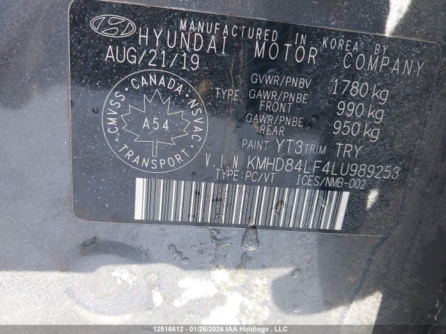 12516612 :رقم المزاد ، KMHD84LF4LU989253 vin ، 2020 Hyundai Elantra Preferred Auto Ivt مزاد بيع