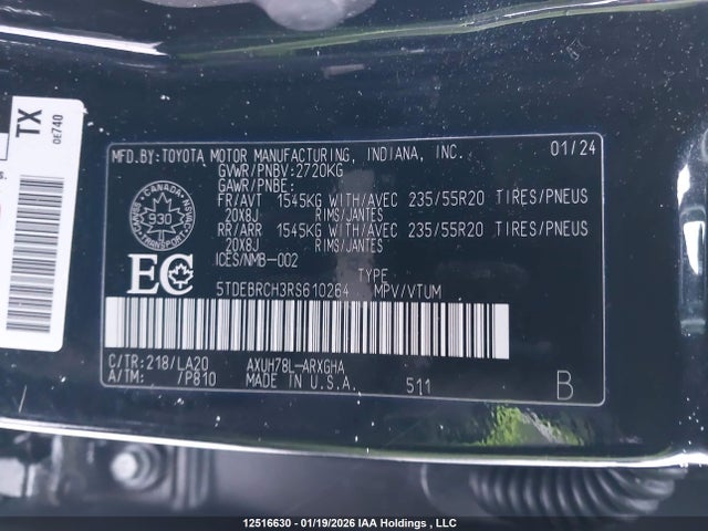 2024 Toyota Highlander Hybrid Limited მანქანა იყიდება აუქციონზე, vin: 5TDEBRCH3RS610264, აუქციონის ნომერი: 12516630