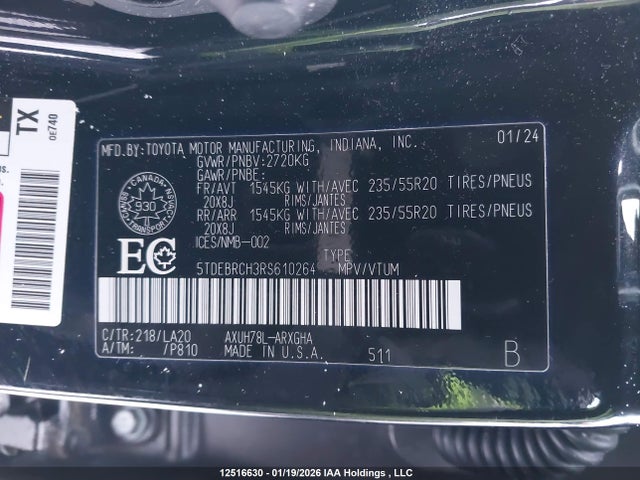 2024 Toyota Highlander Hybrid Limited მანქანა იყიდება აუქციონზე, vin: 5TDEBRCH3RS610264, აუქციონის ნომერი: 12516630