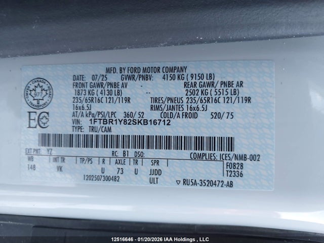 2025 Ford Transit T-250 მანქანა იყიდება აუქციონზე, vin: 1FTBR1Y82SKB16712, აუქციონის ნომერი: 12516646